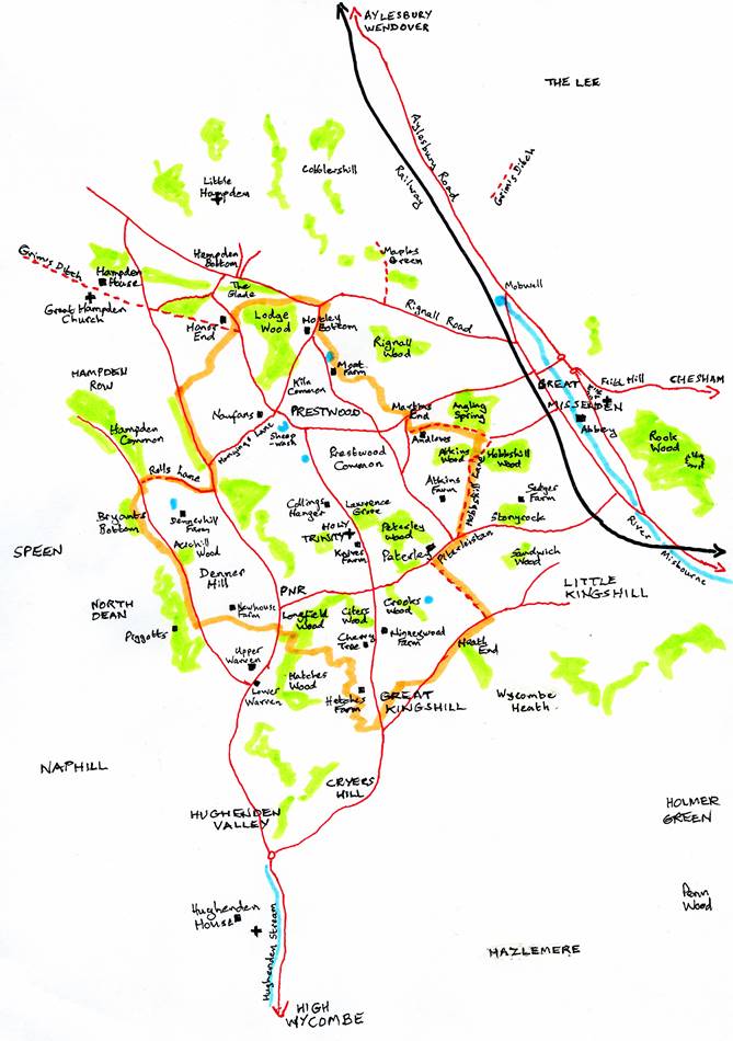 Key: Boundary of parish in orange. Selected roads in red. Woodland ...